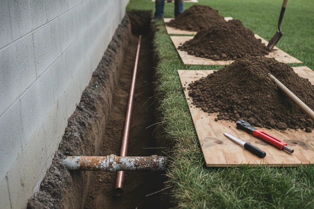 Excavated water line trench during Water Softener Installation in Cologne